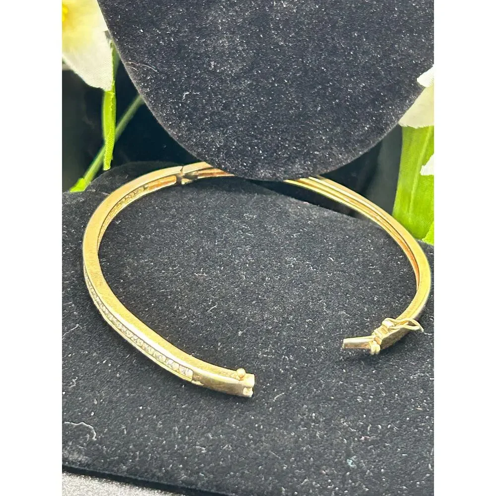 Gold Plated CZ Set Channel Bangle Bracelet 925 Sterling Hinged
